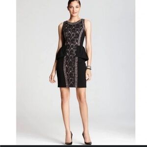 BCBG Max Azria Lilou Black Lace Illusion Peplum Sheath Dress Size 4 Cocktail